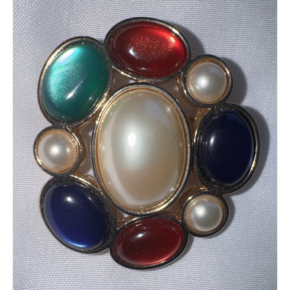 Vintage Avon Cabochon Brooch Gold Tone Faux Pearl Red Green Blue Classy Pin